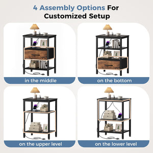 Sweetcrispy Adult 1-Drawer Nightstand with Charging Station, USB & Type-C Ports, Metal Frame