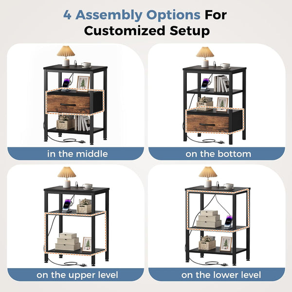 Sweetcrispy Adult 1-Drawer Nightstand with Charging Station, USB & Type-C Ports, Metal Frame