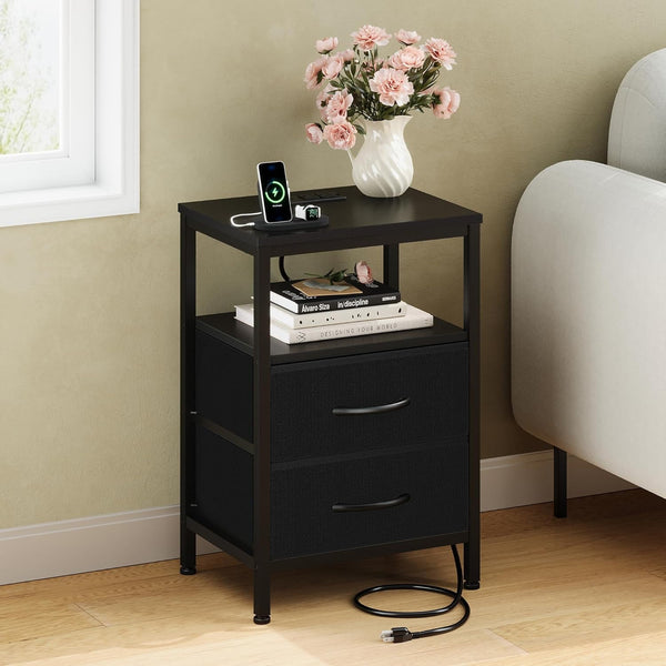 SWEETCRISPY 2-Drawer Nightstand with Charging Station, USB & Type-C Ports, Adjustable Fabric Drawers, Sturdy Metal Frame, Space-Saving Design for Bedroom & Living Room