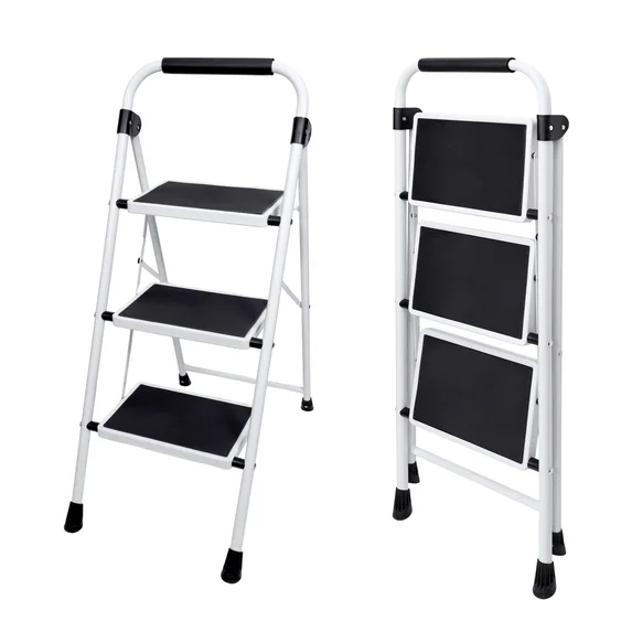 Sweetcrispy 2-Step 330 lbs Capacity Steel Step Ladder, Non-Slip Pedals Comfortable Handrails Portable for Kitchen Garage Outdoor, Black