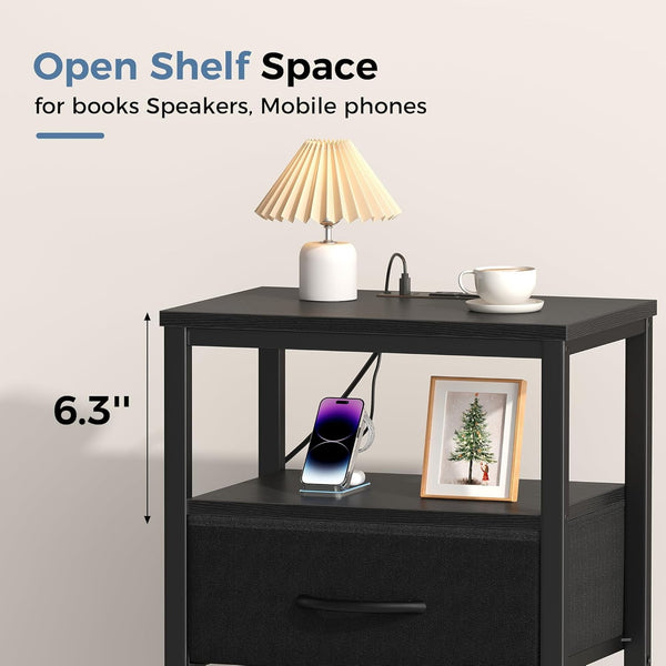 Sweetcrispy Adult 1-Drawer Nightstand with Charging Station, USB & Type-C Ports, Metal Frame
