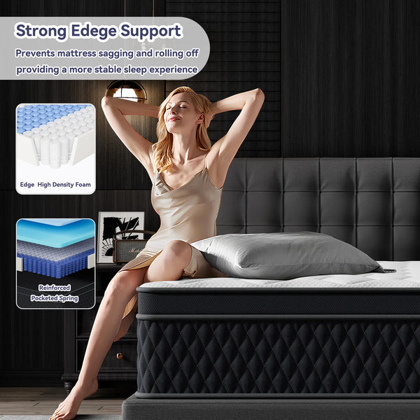 ZUNMOS Mattress, featuring a spring-foam hybrid design for effective pressure relief, CertiPUR-US certified for lasting support, boxed mattress, medium firmness.