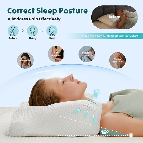 SWEETCRISPY Queen Size Cervical Neck Pillow, Memory Foam with Ice Silk Cover, Ergonomic Contour Design, Cooling & Breathable