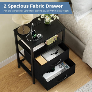 SWEETCRISPY 2-Drawer Nightstand with Charging Station, USB & Type-C Ports, Adjustable Fabric Drawers, Sturdy Metal Frame, Space-Saving Design for Bedroom & Living Room