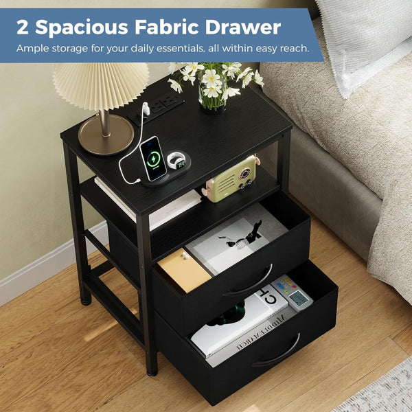 SWEETCRISPY 2-Drawer Nightstand with Charging Station, USB & Type-C Ports, Adjustable Fabric Drawers, Sturdy Metal Frame, Space-Saving Design for Bedroom & Living Room
