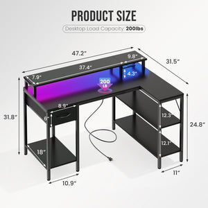 Sweetcrispy L Shaped Computer Gaming Desk with USB Charging Ports & LED Lights, Reversible Corner Table with Power Outlets Monitor Stand for Home Office