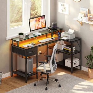 Sweetcrispy L Shaped Computer Gaming Desk with USB Charging Ports & LED Lights, Reversible Corner Table with Power Outlets Monitor Stand for Home Office