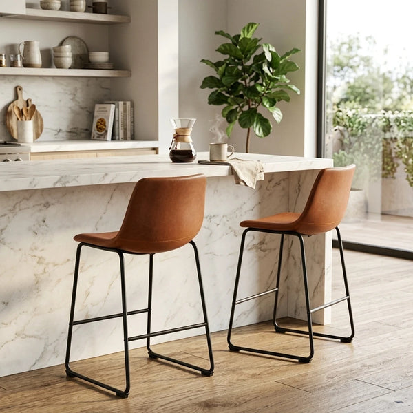 Sweetcrispy Set of 2 Barstool, Industrial Faux Leather, for Kitchen Dining Room